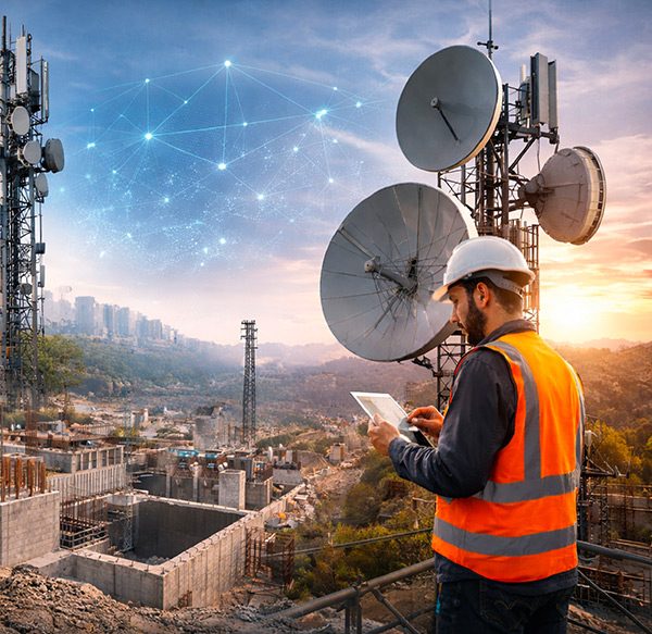 Technicien en télécommunication installant des antennes réseau sur un chantier urbain avec infrastructure de connectivité moderne